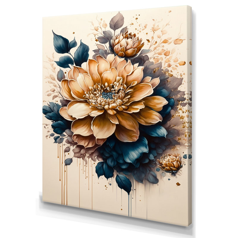 Orange clair et bleu foncé Dhalia IV - Art mural sur toile floral et botanique, H 32 po x l 24 po x P 1 po