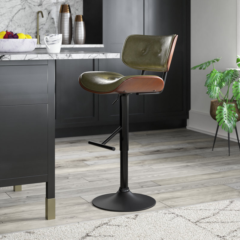 Pehrson Swivel Height Adjustable Faux Leather Mid-Century Bar Stool, Green