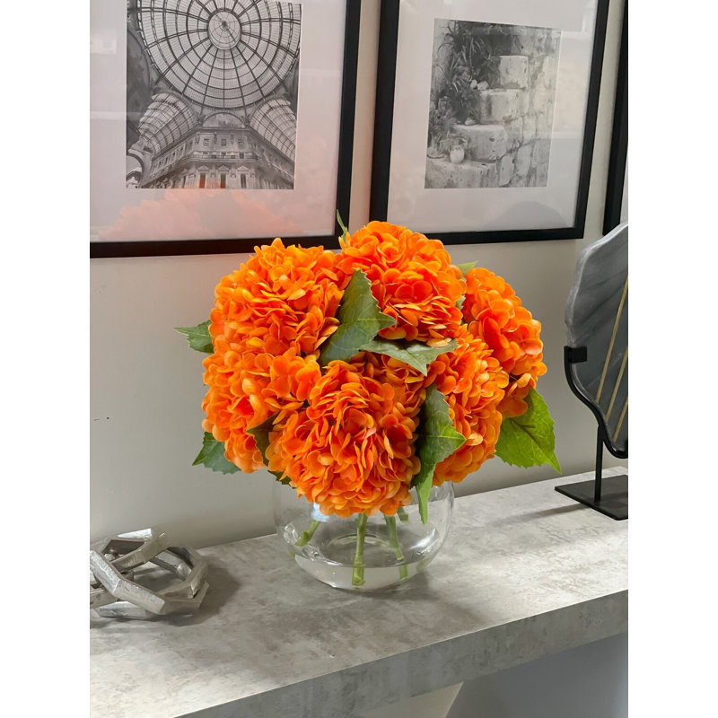 Large Fall Orange Hydrangeas In Glass Vase - Faux Floral Arrangement For Home Decor