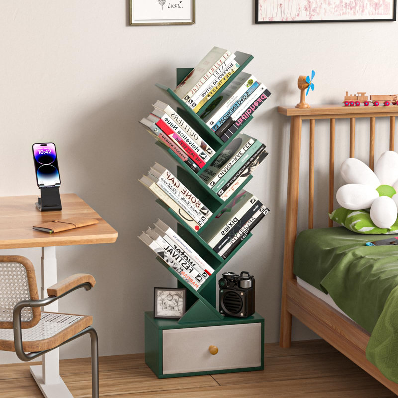 Bibliothèque à 8 niveaux avec tiroir, bibliothèque haute en bois avec conception anti-basculement, tablette de rangement peu encombrante pour la chambre à coucher, le salon et le bureau personnel