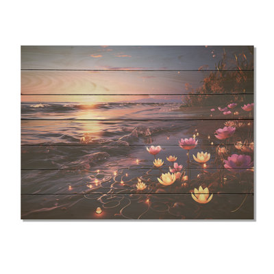 «Sunset Floral Beach Flourish III» - Reproduction de plage sur bois