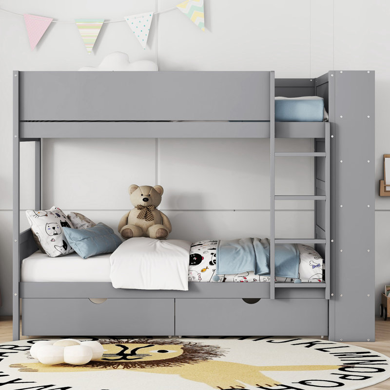 Storage Bunk Bed With Drawers & Cabinet – Space-Saving Solid Pine Frame, Gray, Twin Over Twin