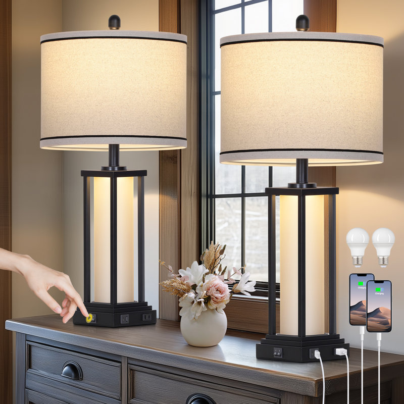 27” Tall Vintage USB Table Lamp Set with Nightlight, Bulb Included, Black