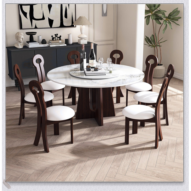 Table de salle à manger moderne en pierre frittée moderne avec base en noyer massif, durable et élégante pour 6 à 8 personnes