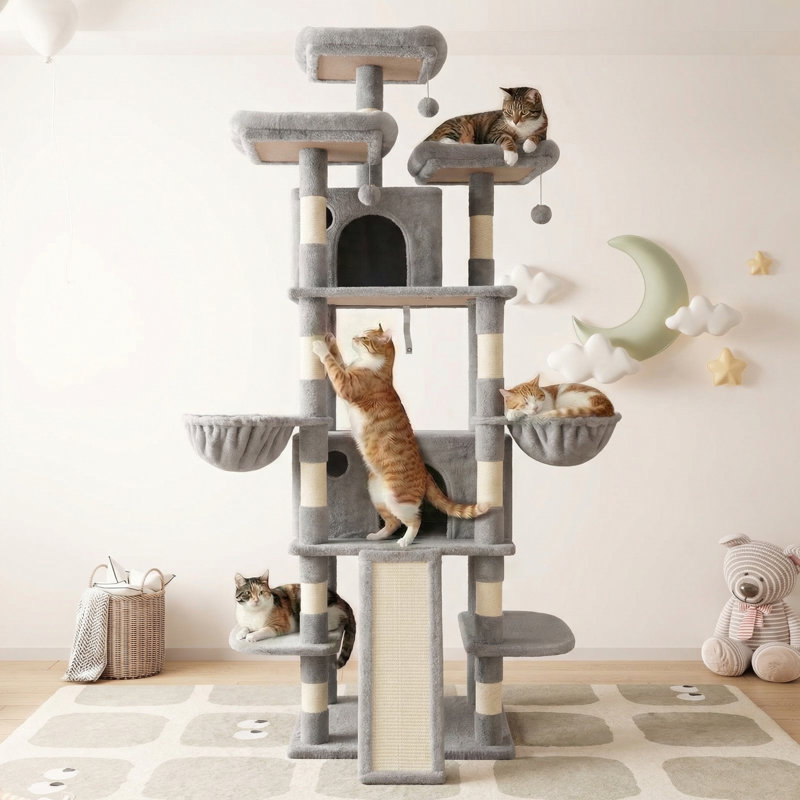 Tour pour arbre à chat 81 po multi-niveaux avec poteaux à griffes recouverts de sisal, 3 perchoirs moelleux, 2 paniers, condo et planche à gratter