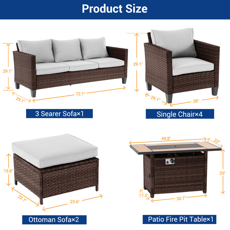 Ensemble 8 pièces de canapés de patio avec table de foyer 45 po, osier en rotin PE pour terrasse, patio et cour, Lin gris