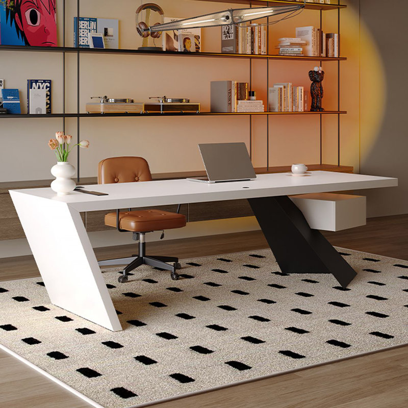 Bureau blanc rectangulaire en bois massif avec 1 tiroir, bureau d'ordinateur, Retour à gauche