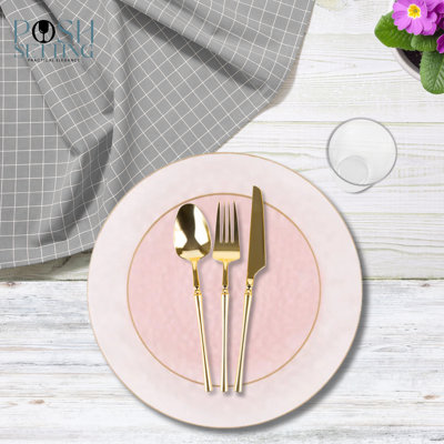 Posh Setting 420 Piece Pink And Gold Plastic Party Bundle - Organic Hammered (60 Settings)