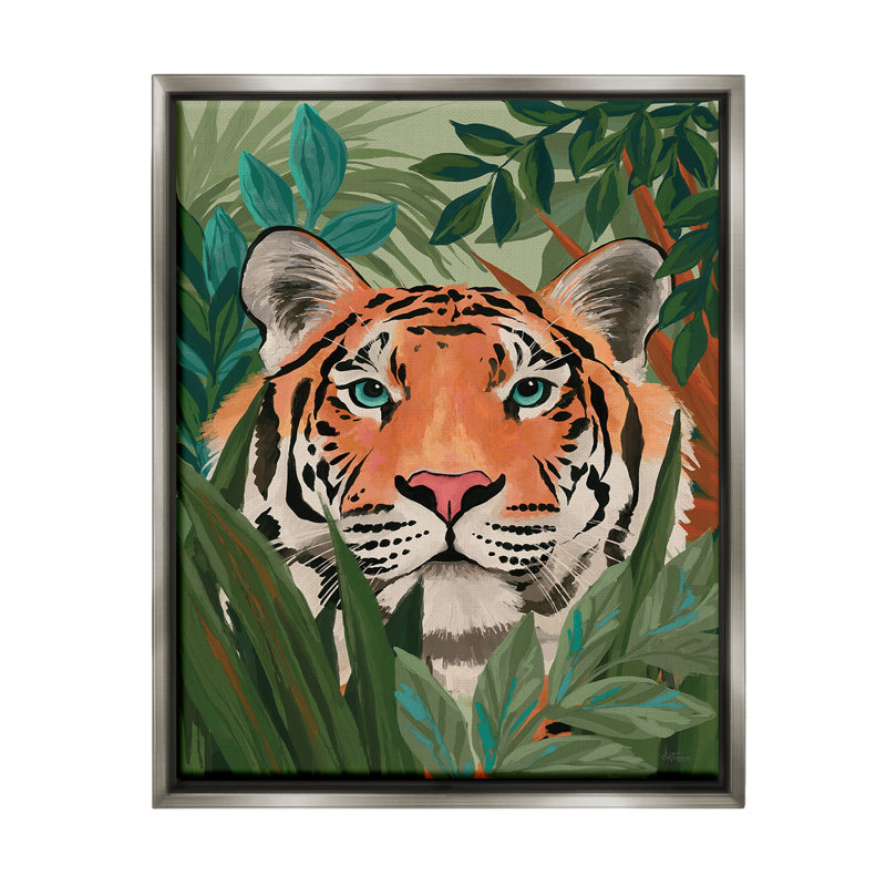 «Tiger Peeking In Leaves» sur, H 31 po x l 25 po, Cadre flottant gris lustré