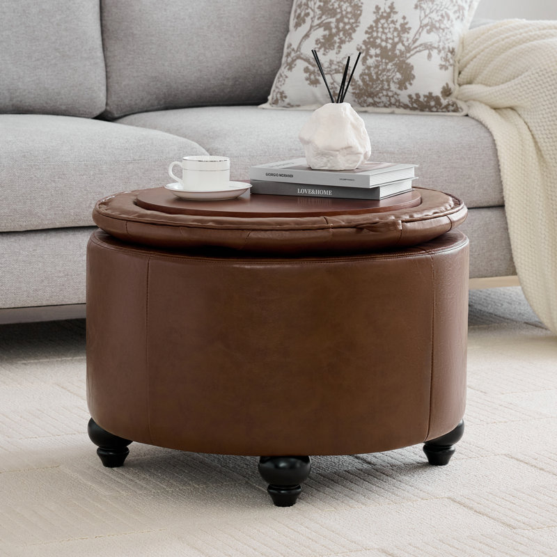 24’’ Wide Upholstered Tufted Round Storage Ottoman, Coffee Faux Leather