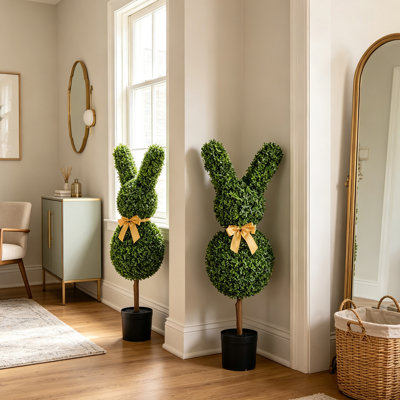 Artificial bunny shape boxwood topiary tree, set of 2, 36 in faux green plant for indoor outdoor porch garden decor