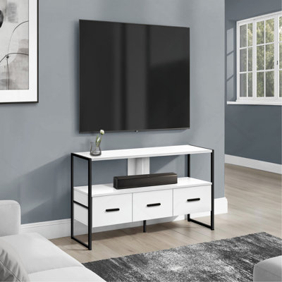 Meuble télé, console de 48 po, meuble multimédia, tiroirs de rangement, salon, chambre à coucher, stratifié blanc, métal noir, contemporain, moderne