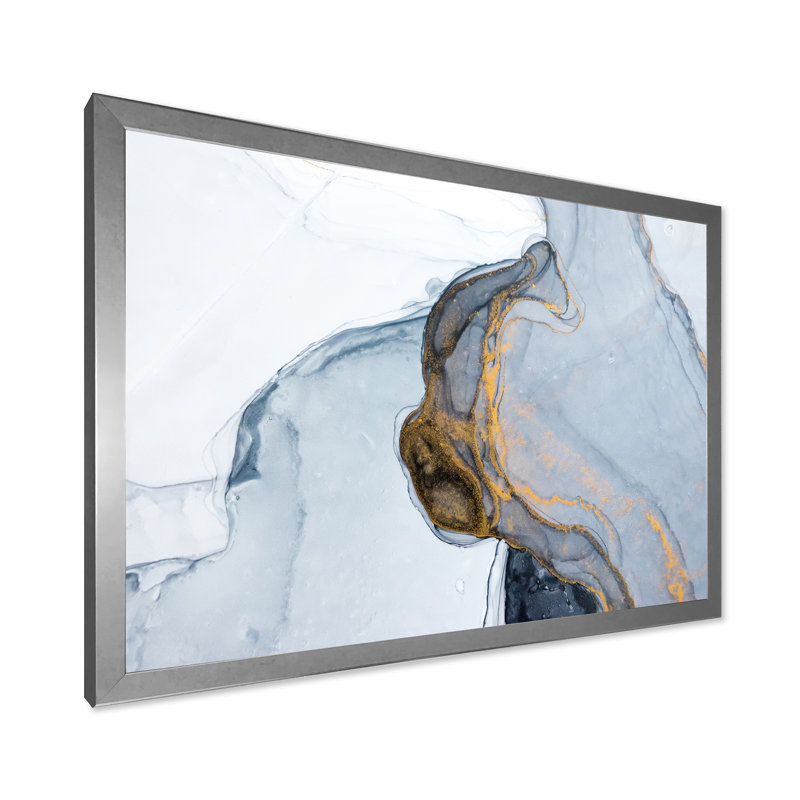 " Luxury Grey Gold Marbled Flow Art ", Silver Picture Framed Canvas, 30" H x 40" W x 1.5" D