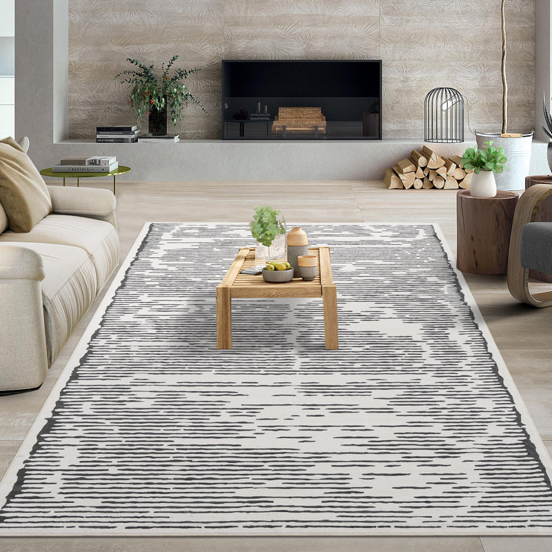 Tapis géométrique ultra mince et lavable pour le salon - Tapis doux antidérapant à poils courts - Gris neutre noir - Modern Home Decor - 8 x 10 pi, États-Unis