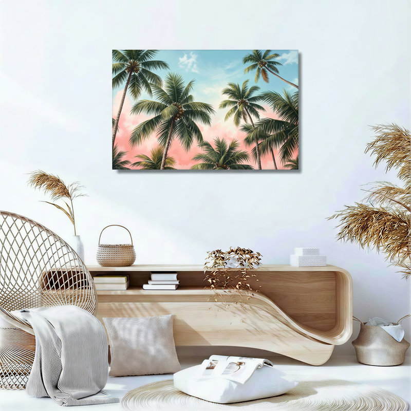 Art sur toile, cocotiers contre ciel rose, H 12 po x l 18 po
