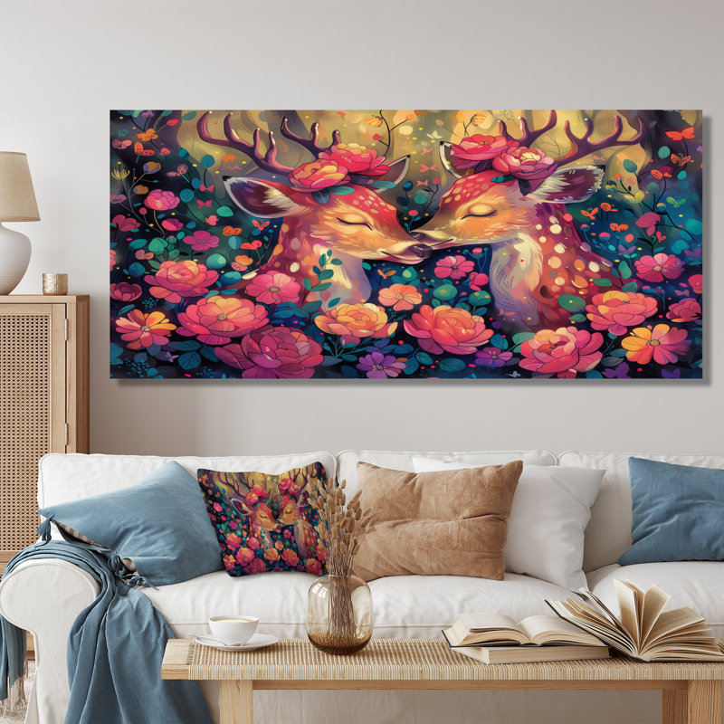 Rose et vert, forêt de cerfs, impression d'art mural, Toile tendue, 12" H x 20" W