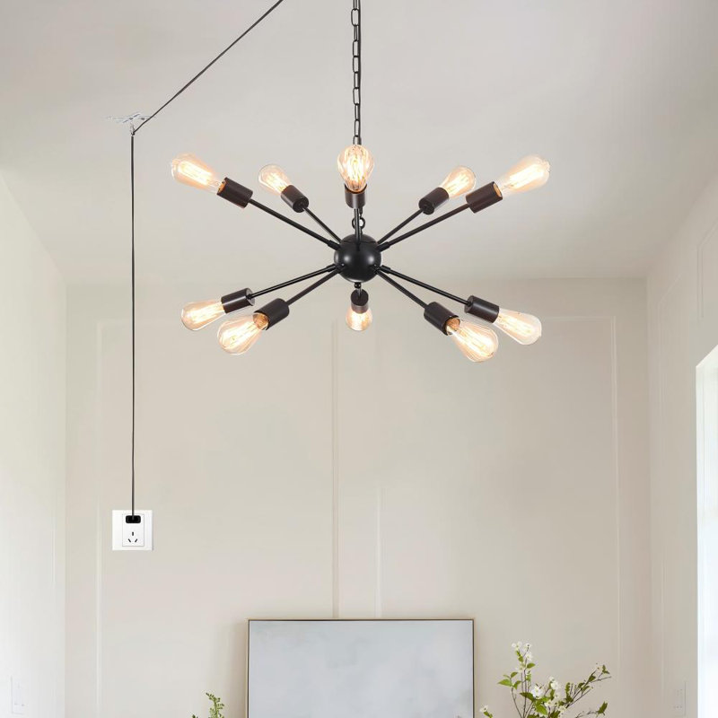 10-Light Black Dimmable Sputnik Chandelier with Plug-In Cord & Switch, Ideal for Living Room, Dining & Entryway