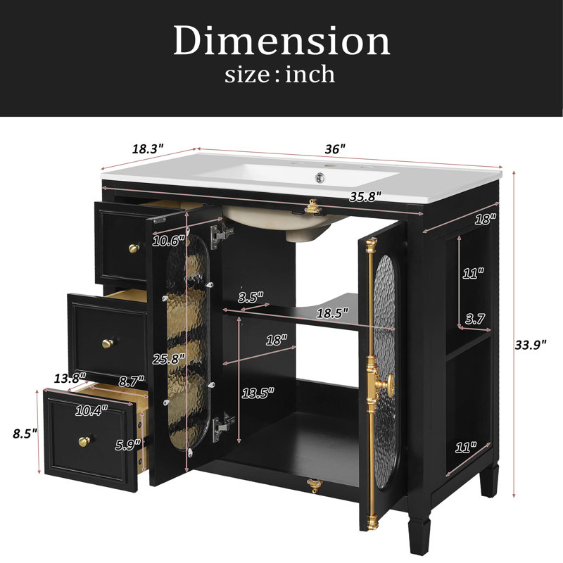 Meuble-lavabo de 36 po avec 2 portes à fermeture douce, armoire de rangement moderne à 3 tiroirs avec cadre en bois massif