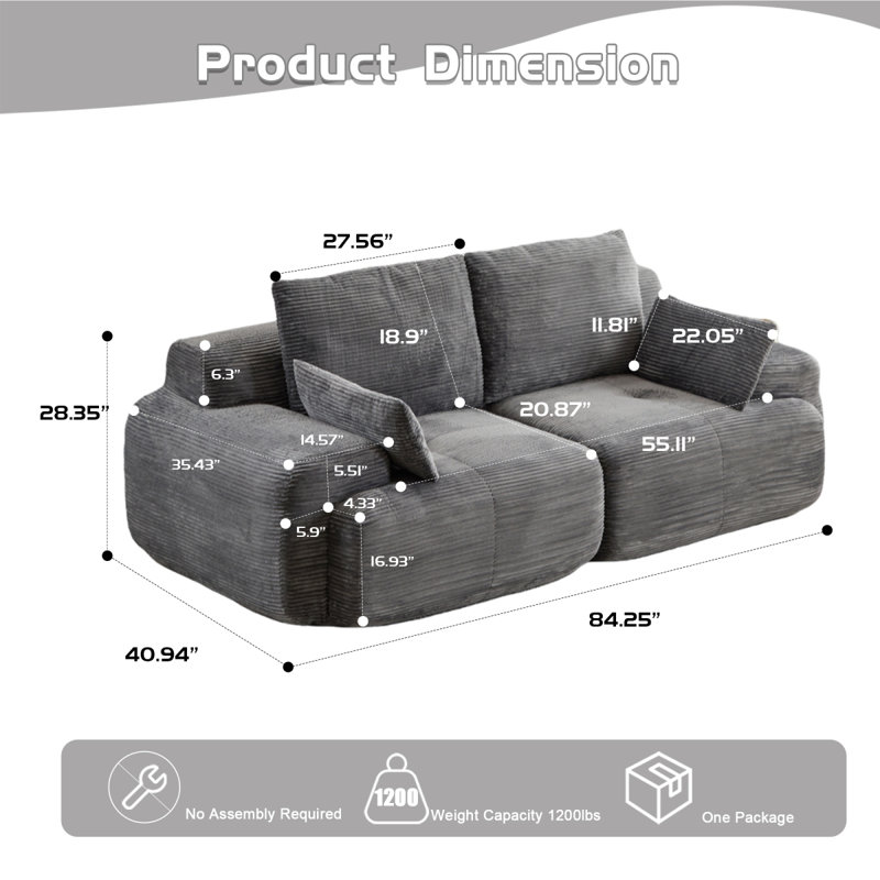 Canapé moderne en mousse à mémoire de forme compressée, grands canapés modulaires à 2 places pour le salon, canapé modulaire Cloud pour animaux de compagnie, tissu en velours côtelé, causeuse très profonde, sans assemblage avec coussins, gris