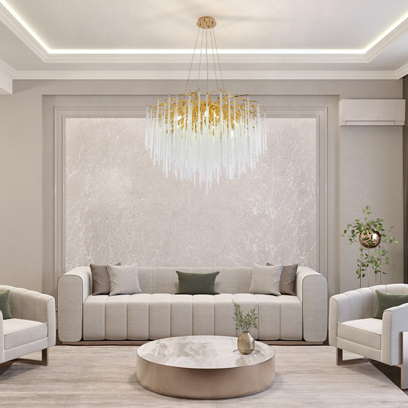 Lustre moderne en forme de branche de cristal en glaçon, H 18,5 po x l 24 po x P 24 po, Doré