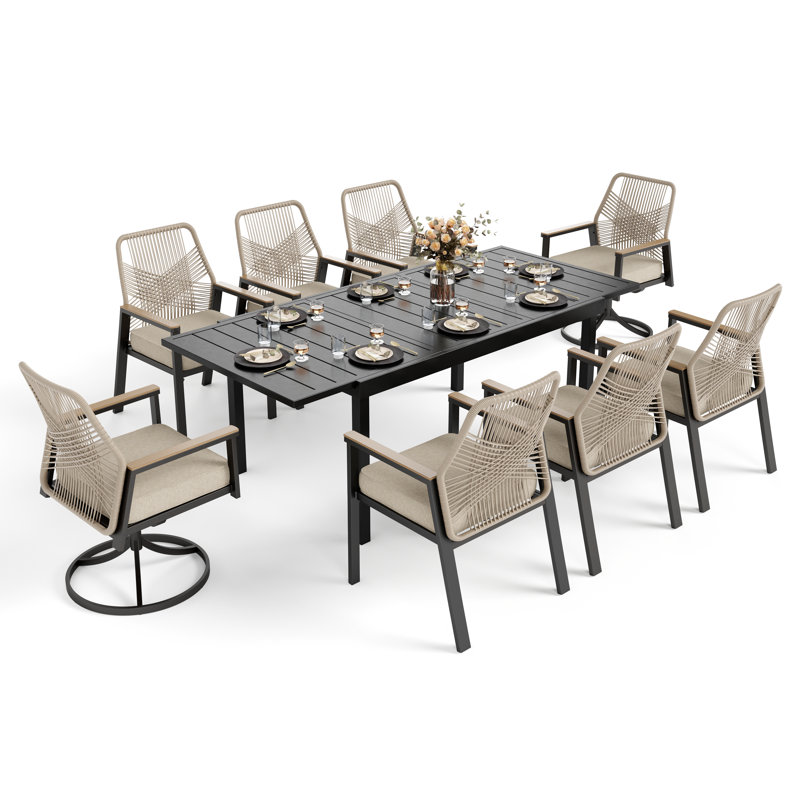 Ensemble repas d'extérieur rectangulaire avec chaises et coussins en rotin Kerrie, 8
