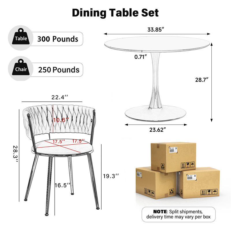 Ensemble de salle à manger rond moderne avec chaise rembourrée Sky, Beige, 5 pièces: table, 4 chaises