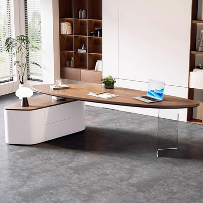 Bureau à 2 tiroirs brun noisette + blanc-uni de forme libre + bois manufacturé + acrylique