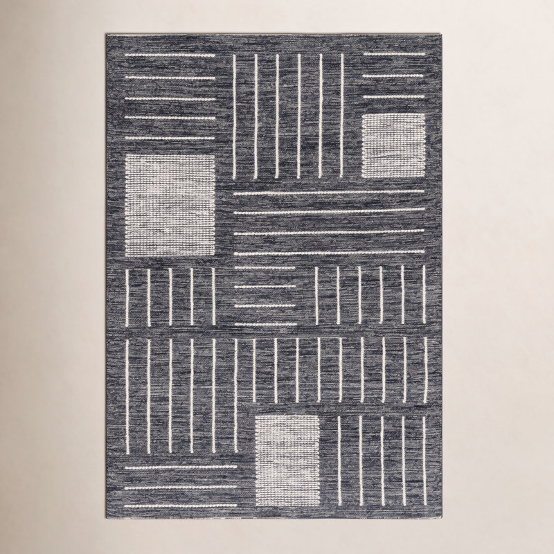 Tapis noir / ivoire en laine et coton à motif géométrique Flore, Rectangle 4 pi x 6 pi