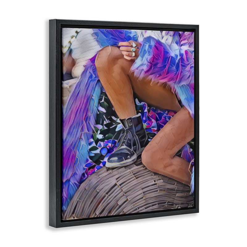Cadre flottant mauve avec fourrures et bottes, design par Jesse Keith, Cadre flottant noir de jais, H 21 po x l 17 po