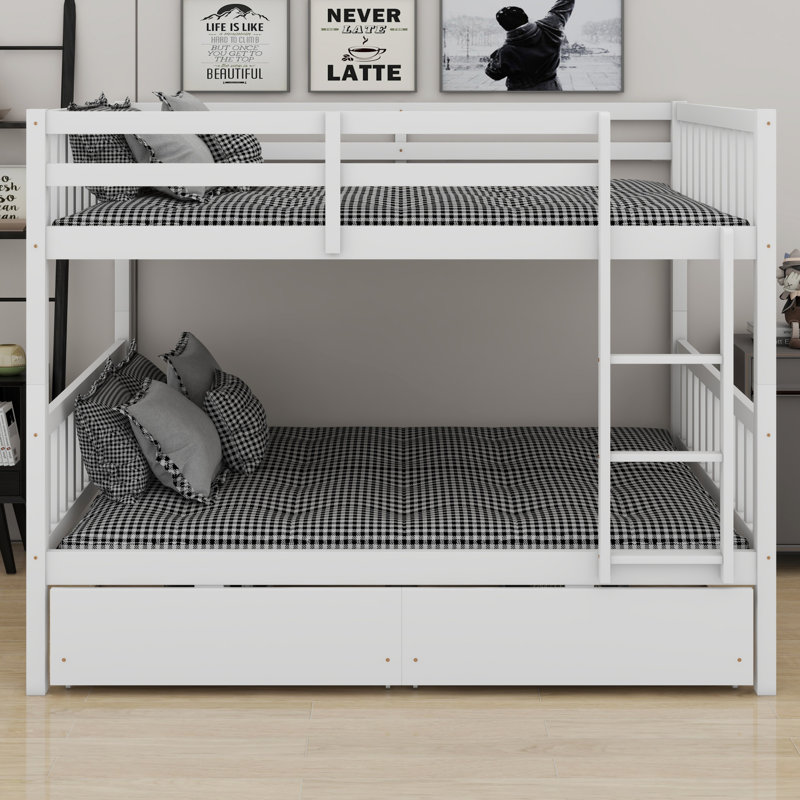 Lit superposé en bois détachable avec 2 tiroirs, barrières de sécurité et échelle, Blanc