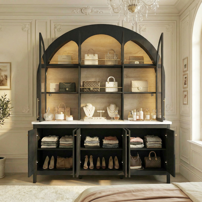 Elegant Arched Display Cabinet With Smart LED Lighting, Black