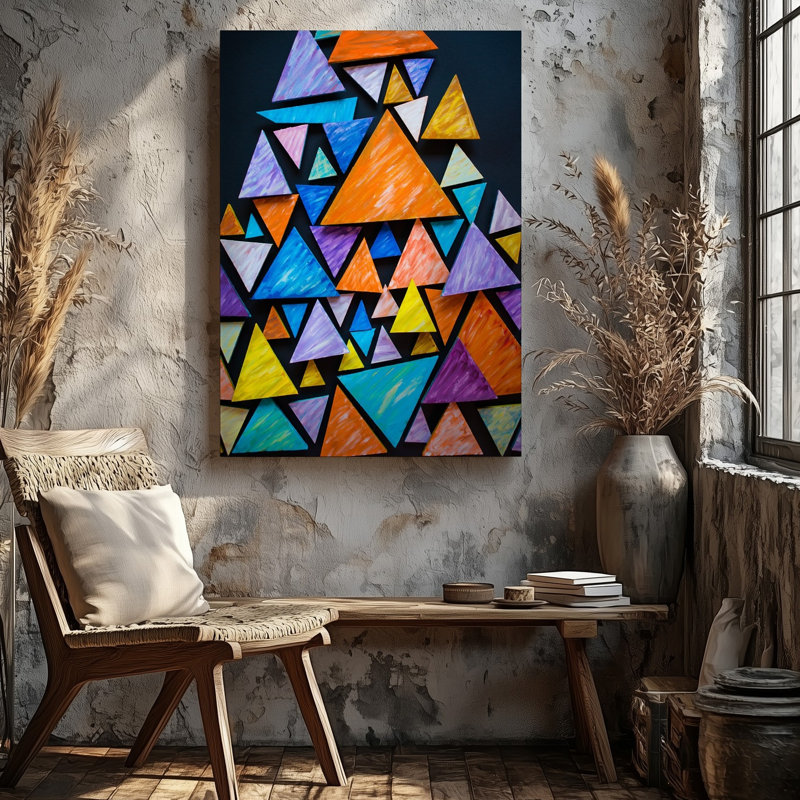 La toile crée un motif abstrait vibrant avec un tableau de triangles d'art mural colorés dans différentes tailles disposées dans un art mural dynamique sur toile