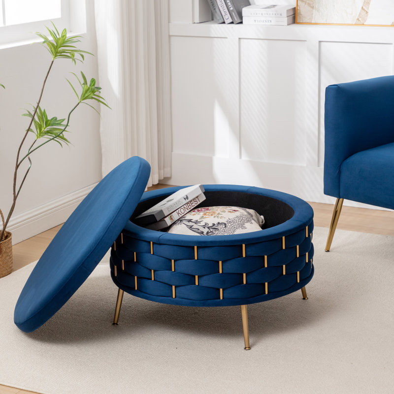 Cristen Upholstered Round Storage Ottoman, Navy