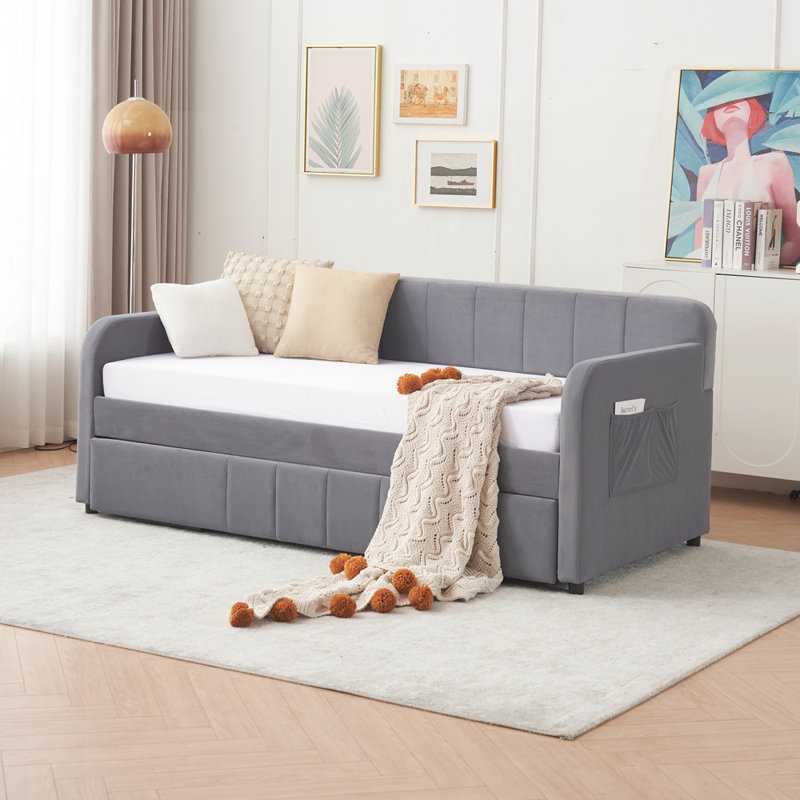 Velvet Upholstered Daybed Frame with Trundle for Bedroom Living Room Guest Room, Gray