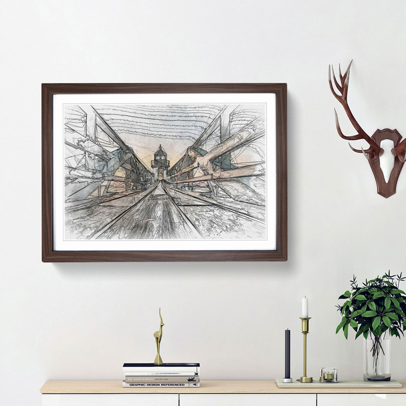 Lighthouse at the Piers End in Abstract - Picture Frame Graphic Art Print, Walnut Framed, 62cm H x 87cm W x 2cm D