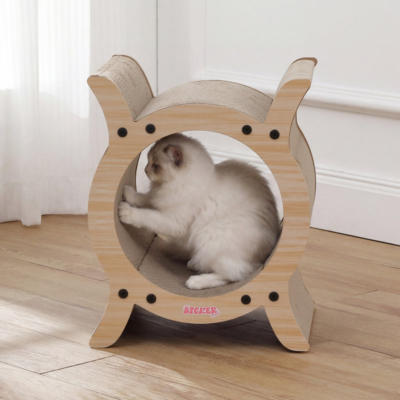Engeddi 16.5" Modern Cardboard Tunnel Cat Scratcher with Catnip, Oak Wood Finish