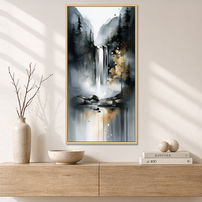 «Gray Gold Autumn Waterfall Forest Trail II», reproduction d'art encadrée sur toile