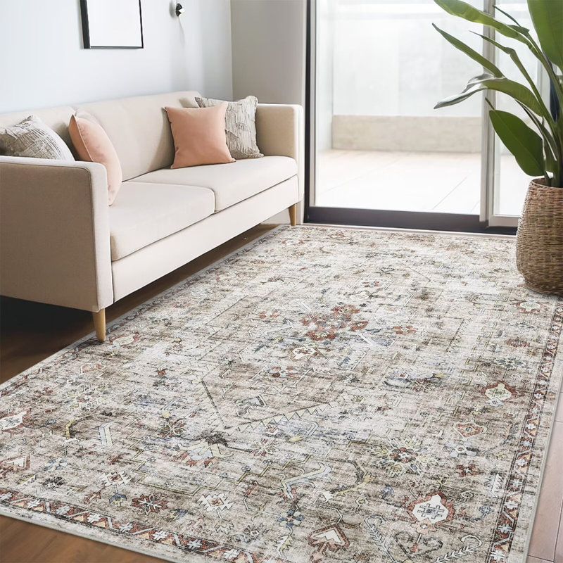 Washable Area Rug for Living Room Boho Vintage Rug Non Slip Throw Rugs Floral Bedroom Rug, Rectangle 5' x 7'