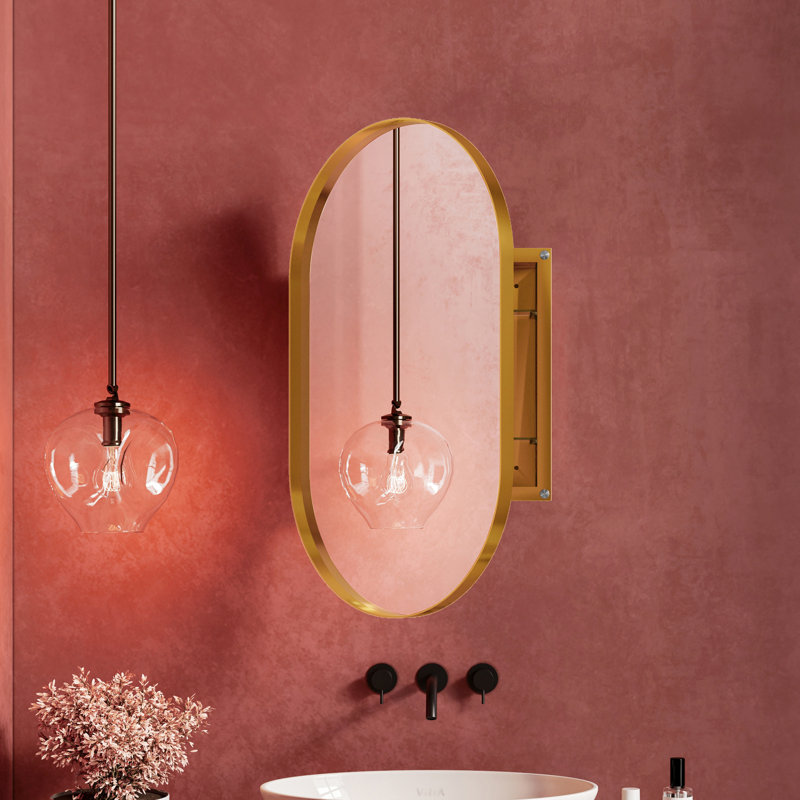 20X34 Inch Oval Recessed Cabinet With Mirror And Adjustable Storage Shelf For Bathroom, Matte Gold Metal Framed Medicine Shelves, Bathroom Wall In Gold, Use