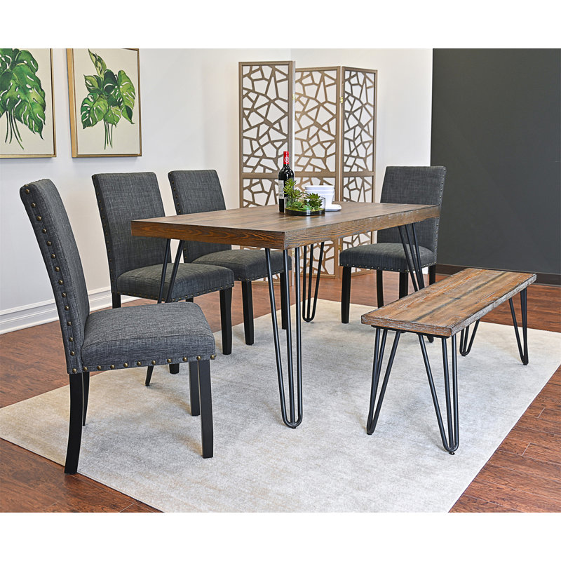 Ensemble de salle à manger 6 pièces en bois d'ingénierie, base en métal et chaises rembourrées élégantes pour des repas élégants et durables
