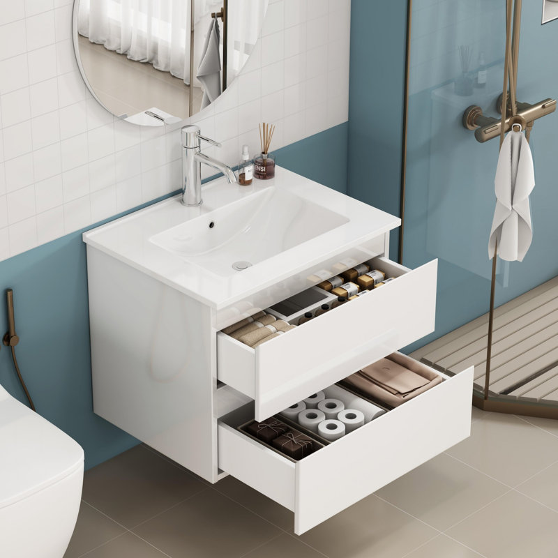 Meuble-lavabo avec lavabo et 2 grands tiroirs, système de fermeture en douceur