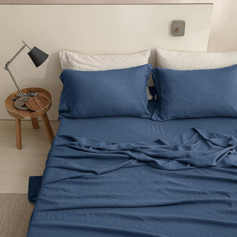 Simple&Opulence 100% Linen Sheet Set, Queen Sheet Set with 2 Pillowcases, Basic Classic Blue