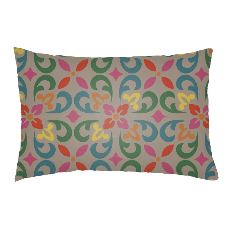 Floral Outdoor Throw Pillow, Teal/Kelly Green, 14" H x 24" W x 3" D