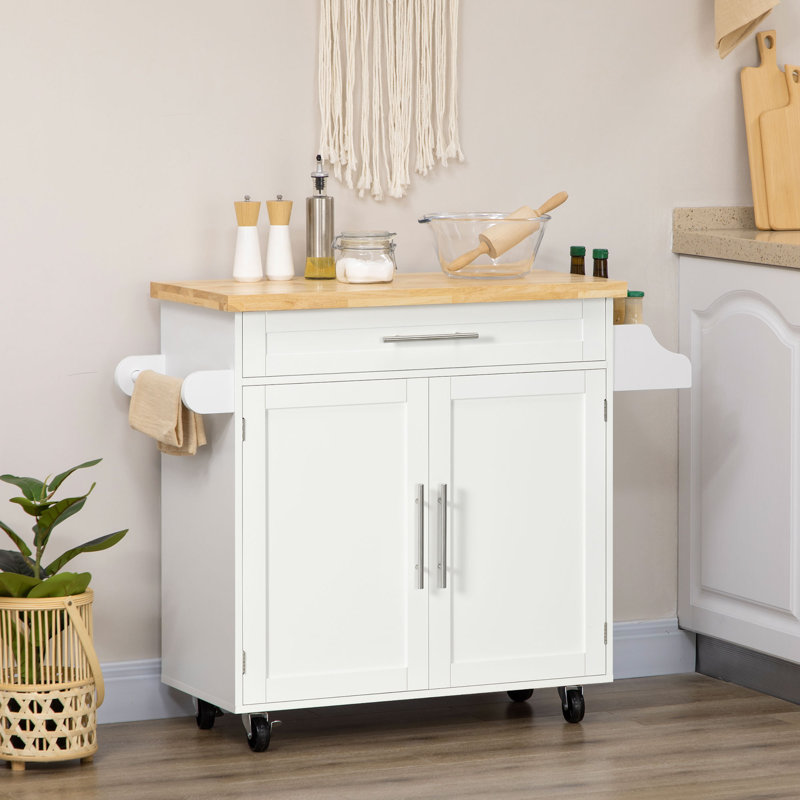 Îlot de cuisine Red Barrel Studio® avec rangement, chariot à roulettes avec plateau en bois d'hévéa, tiroir, porte-épices, porte-serviettes, blanc