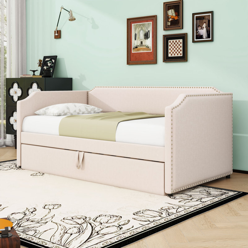 Twin-Size Upholstered Daybed with Pop-Up Twin Trundle, Beige