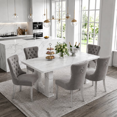 64.5" Dining Room Table Set for 4, Modern Marble-patterned Wood Kitchen Table with Decorative Pedestal Legs & 6 Tufted Velvet Chairs