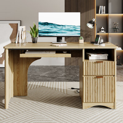 Labelle 55Inch Fluted Executive Desk with Power Outlet, Mordern Computer Writing Desks with File Drawers, Home Office Desk with Keyboard Tray and Open Storage Compartment