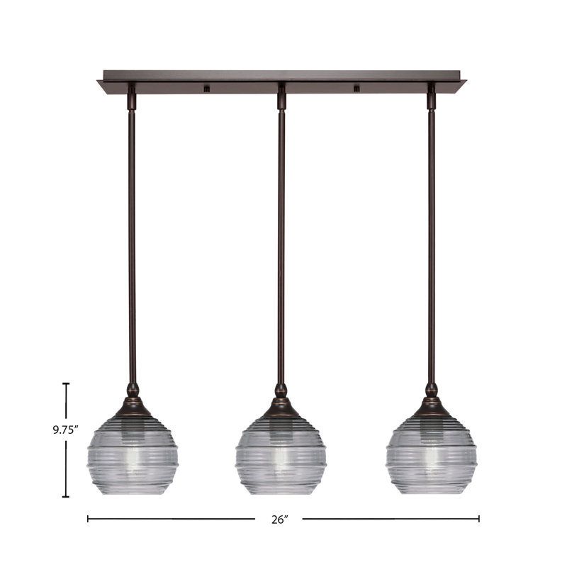 Luminaire suspendu linéaire à 3 lumières 3 lumières avec verre nervuré de 6 po, H 7,25 po x l 26 po x P 6 po, Fumée