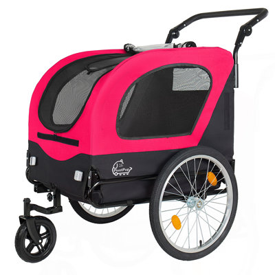Remorque 2 en 1 et poussette pour animaux de compagnie pour chiens pesant jusqu'à 110 lb - Chariot de transport pour animaux pliable avec roulettes avant et roues à remplissage rapide à air de 20 po, filet respirant et housse de pluie en PVC, rouge