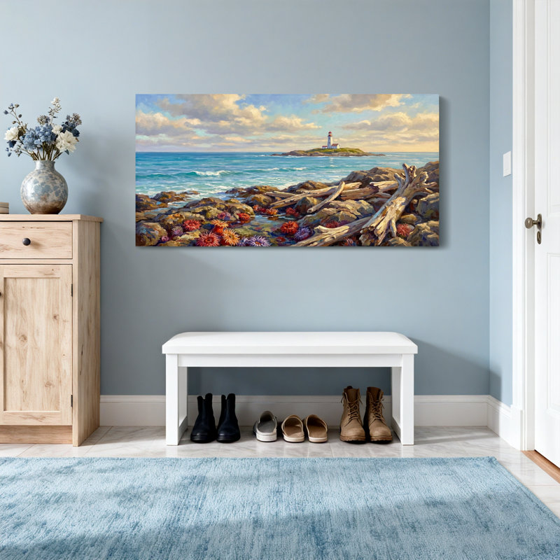 Paysage côtier avec phare et oursins, H 16 po x l 32 po